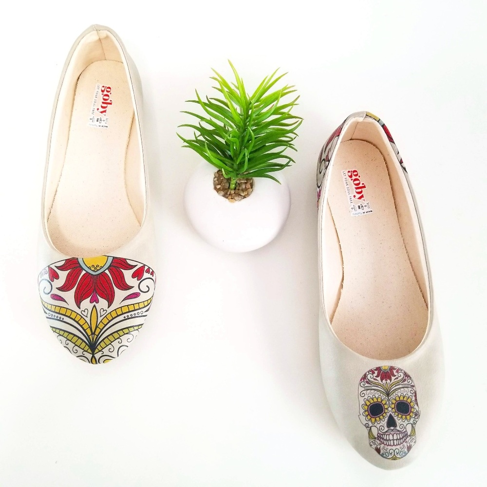 GOBY Ballet Flats Sugar Skull Floral Slip On Shoes